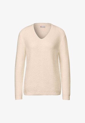 Suéter color crema con escote en V, mangas largas y un diseño de punto texturizado. La tela parece suave y ligeramente elástica.