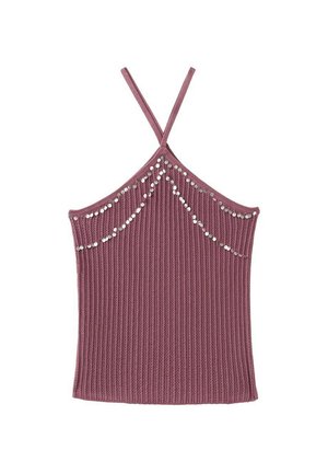 Haut sans manches tricoté mauve avec fines bretelles et sequins argentés disposés en lignes courbes le long de la poitrine.
