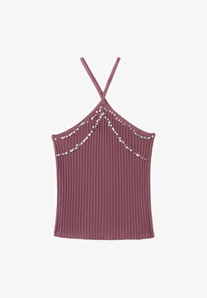 Haut sans manches tricoté mauve avec fines bretelles et sequins argentés disposés en lignes courbes le long de la poitrine.