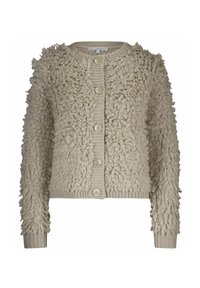 Beige cardigan met textuur van pluizige stof, voorzien van een ronde halslijn, lange mouwen en een sluiting met vijf knopen. Ribgebreide manchetten en zoom.