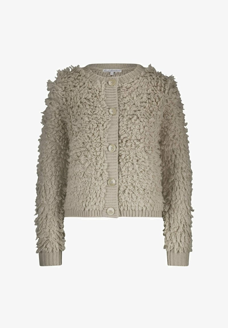 Textured beige cardigan with fuzzy fabric, featuring a round neckline, long sleeves, and five button closure. Ribbed cuffs and hem.