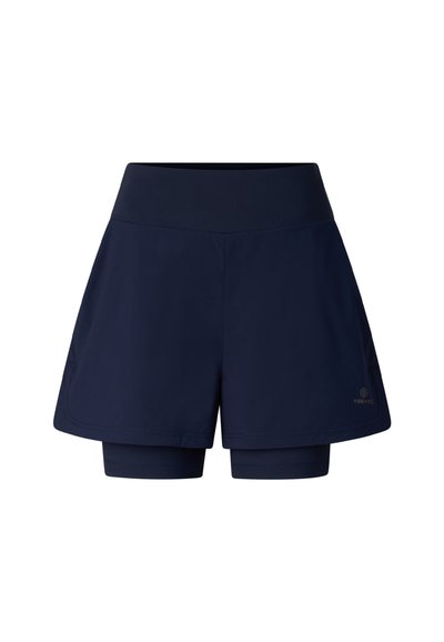 Marineblaue athletische Shorts mit integrierten enganliegenden Kompressionsshorts darunter und hohem Bund, mit der Aufschrift "Fire + Ice."