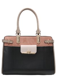 Black and beige leather handbag with a pink suede top section, gold hardware accents, and a structured shape with dual top handles.