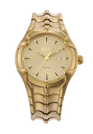 Orologio da polso Diesel tono oro con bracciale a maglie, quadrante analogico, indicazione data alle 3 e resistenza all’acqua di 5 ATM.