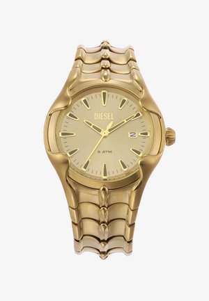 Złoty zegarek Diesel na rękę z połączoną bransoletą, analogową tarczą, wyświetlaczem daty o godzinie 3 oraz wodoodpornością oznaczoną jako 5 ATM.