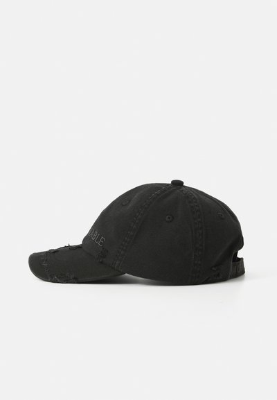 Black distressed baseball cap with curved brim, adjustable strap at the back, and subtle embroidered text on the front panel.