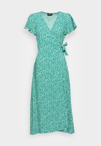 Grünes Wickelkleid mit kurzen, flatternden Ärmeln, V-Ausschnitt, floralen Muster in Weiß, verstellbarem Seitenschnürung und fließendem Saum.