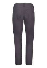 Dark gray jeans with a smooth texture, featuring five pockets and subtle stitching details. Slim fit design with a straight leg cut.