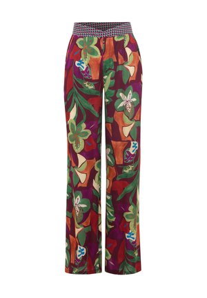 Weite Hose mit einem lebhaften Blumenmuster in Lila, Grün und Orange. Verfügt über einen elastischen Bund mit geometrischem Akzent.