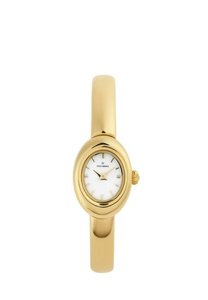 Montre-bracelet ovale ton or avec cadran blanc, index dorés et deux aiguilles dorées sur un bracelet fin et poli.