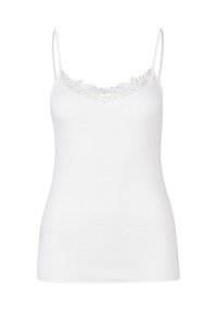 White sleeveless camisole top with thin straps and floral lace detail along the neckline.