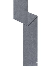 Grau gewebter Textilschal mit einem strukturierten Muster, versehen mit spitzen Enden und einem kleinen Logosticker auf einer Seite.