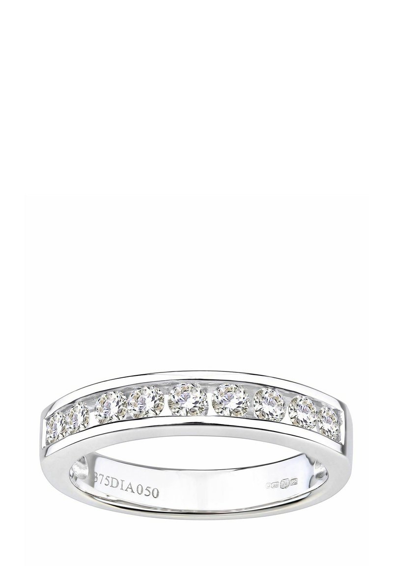 Sidabrinis žiedas su apvalių skaidrių deimantų serija, įstatytų į lygią, glotnią paviršių. Poliruotas paviršius su moderniu dizainu.