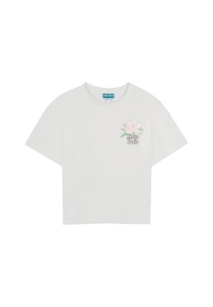 Witte Kenzo korte mouw cropped T-shirt met ronde hals, met een roze bloem en de tekst "Kenzo Paris" op de linkerborst.