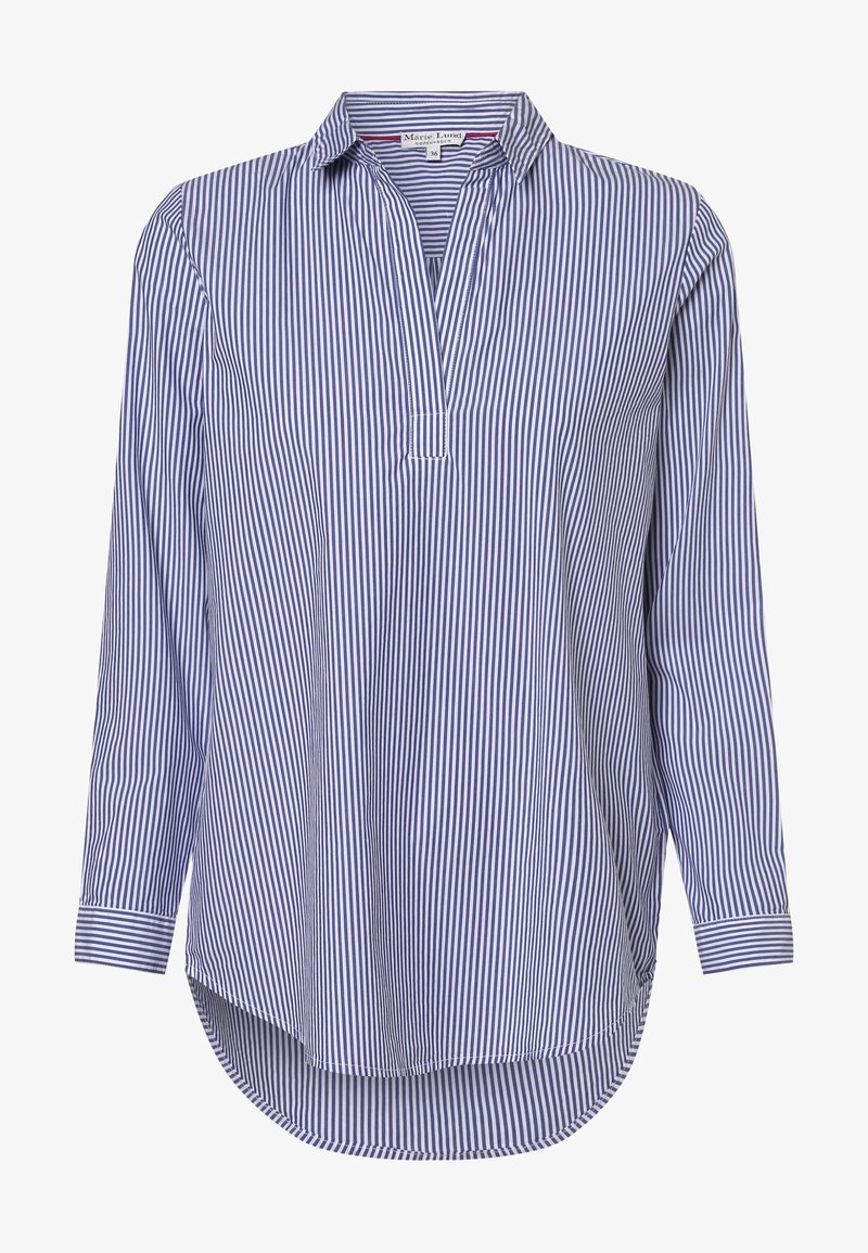 Blouse à rayures verticales bleues et blanches à manches longues, avec col, encolure en V et ourlet arrondi, taille 36.