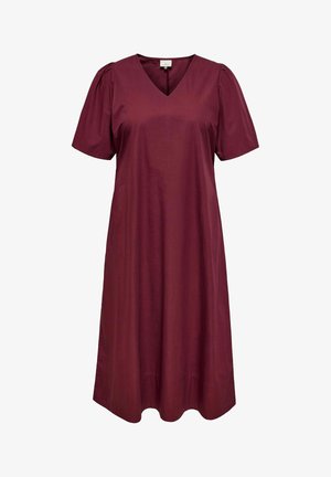 Abito bordeaux con maniche a sbuffo corte, scollatura a V, vestibilità rilassata e gonna leggermente svasata. Tessuto liscio senza motivi o dettagli visibili.