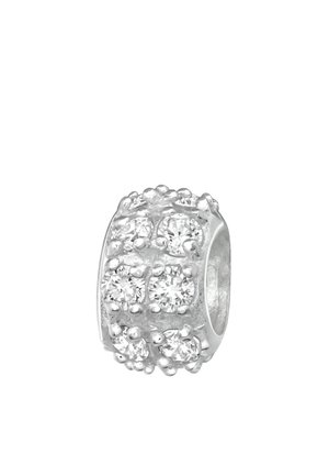 Silver cylindrical bead charm decorated with multiple round clear gemstones in a clustered pattern.