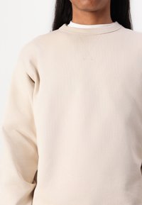 Sweatshirt bege com gola redonda e mangas longas. Apresenta uma textura suave e um detalhe de costura discreto na gola.