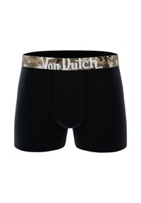 Boxer-briefs noirs avec une ceinture élastique en camouflage arborant le logo "Von Dutch" en blanc. Texture lisse, design ajusté.