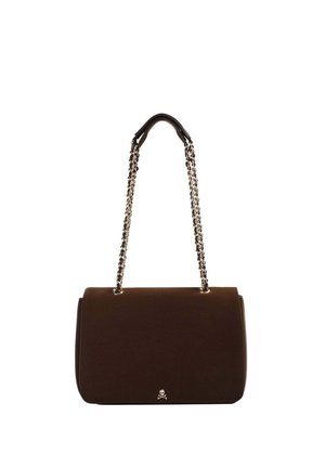 Dark brown rectangular handbag with silver chain strap and small skull and crossbones emblem on the front center.