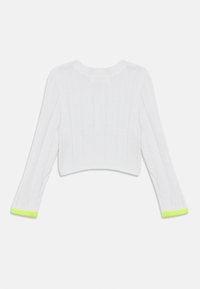 Λευκό, cropped πλεκτό πουλόβερ με ριμπ υφή, μακριά μανίκια και νεον πράσινες λεπτομέρειες στις μανσέτες. Απλός, λειτουργικός σχεδιασμός.