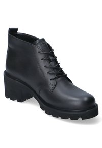 Bottine en cuir noir à talon épais, fermeture à lacets sur l'avant et semelle texturée, conçue pour une tenue décontractée ou semi-formelle.