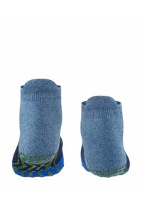 Blaue Socken mit strukturierten Gummisohlen, die einen einfarbigen Schaft und kontrastfarbene Akzente an Ferse und Zeh aufweisen.