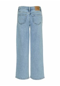 Jasnoniebieskie dżinsy o szerokich nogawkach, wykonane z denimu, z wysokim stanem, pięcioma kieszeniami oraz brązową skórzaną naszywką z tyłu.