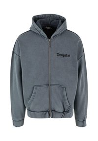 Sivi zip-up dukserica izrađena od mekanog materijala, s prednjim džepom, kapuljačom sa šnurenjem i suptilnim logotipom "Dropsize" na prsima.