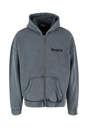 Gray zip-up hoodie made from soft fabric, featuring a front pocket, drawstring hood, and subtle "Dropsize" logo on the chest.