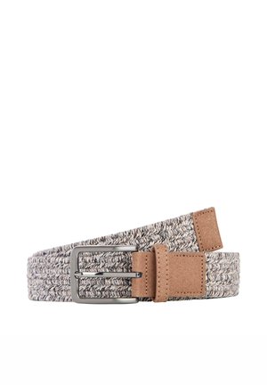 Geflochtener Stoffgürtel in Beige und Grau mit braunen Lederakzenten und einer silbernen rechteckigen Metallschnalle.