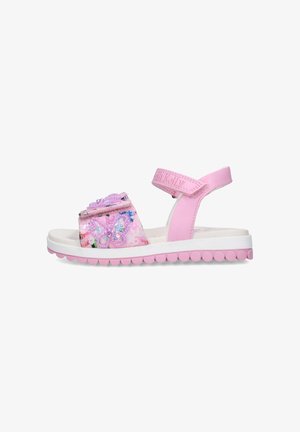 Sandalo rosa per bambini con cinturino regolabile, decorato con perline a forma di fiori e farfalle e suola testurizzata.