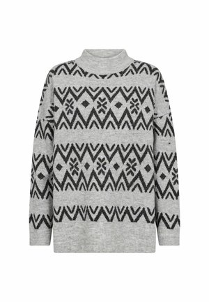 Gray knit sweater with geometric black patterns, featuring a high neck and long sleeves. Soft texture and loose-fit design.