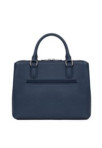 Granatowa skórzana torebka na ramię z podwójnymi uchwytami, o teksturowanym wykończeniu i przedniej kieszeni na zamek błyskawiczny. Posiada usztywnioną formę oraz srebrne elementy metalowe.