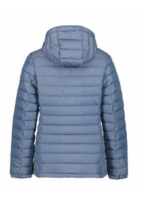 Veste matelassée bleu clair avec capuche, manches longues et coutures horizontales, vue de dos sur fond blanc.