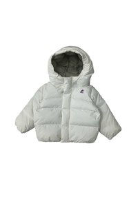 Giacca puffa bianca con cappuccio, maniche lunghe, chiusura frontale con zip e piccolo logo K-Way sul lato sinistro del petto.