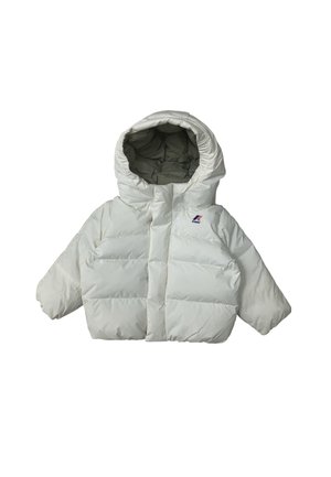 Giacca puffa bianca con cappuccio, maniche lunghe, chiusura frontale con zip e piccolo logo K-Way sul lato sinistro del petto.