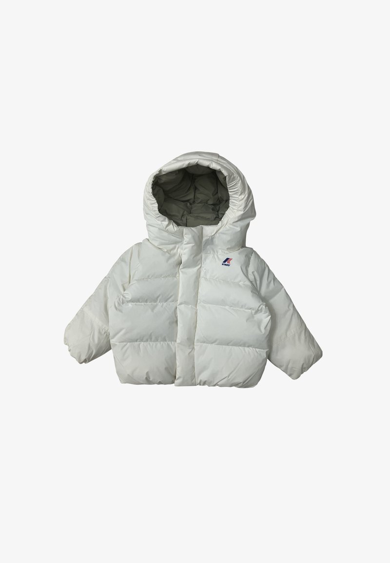 Giacca puffa bianca con cappuccio, maniche lunghe, chiusura frontale con zip e piccolo logo K-Way sul lato sinistro del petto.