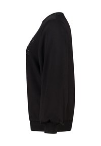 Sweatshirt noir à coupe décontractée, avec un motif texturé en relief sur le devant, des poignets côtelés et un col rond.