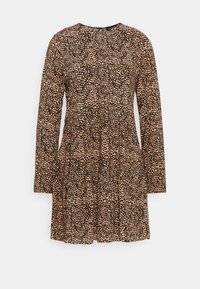 Långärmad klänning ovanför knäna med rund halsringning i brunt och svart oregelbundet prickmönster.