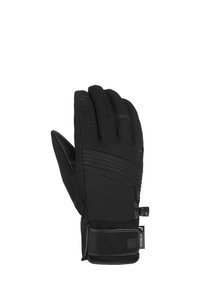 Schwarze Winterhandschuhe aus weichem Stoff mit strukturiertem Griff, ausgestattet mit einem engen Handgelenkträger und dezentem Branding. Glatte Oberfläche mit gefütterten Details.