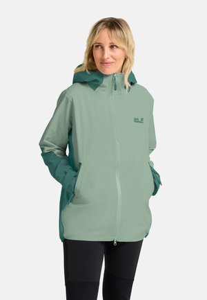 Hellgrüne wasserdichte Jacke mit Reißverschluss, verstellbarer Kapuze und kontrastierenden türkisfarbenen Ärmeln. Verfügt über Seitentaschen und Logodetails.