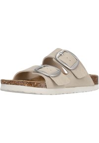 Beige slide sandal med två justerbara silverfärgad spännen, övre i mocka, korkfotbädd och en vit gummisula.
