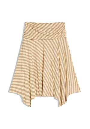 Beige und hellbrauner gestreifter asymmetrischer Rock mit hohem Bund und plissierten Stoffdetails.