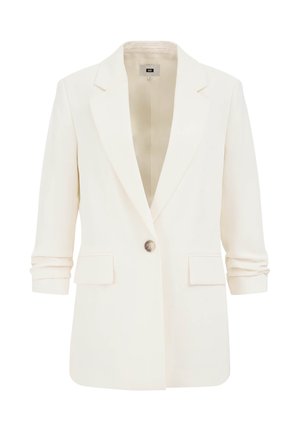 Kreemikas blazer, millel on kohandatud disain, sisselõigatud kraed, üksainus nööp sulgumiseks ja kaks esist pocketit. Sujuv tekstuur, puusapikkune.