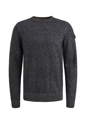 Mørkegrå striktrøje med rund hals, lange ærmer, ribkantede manchetter og en struktureret overflade. Har et lille mærketikette på ærmet.