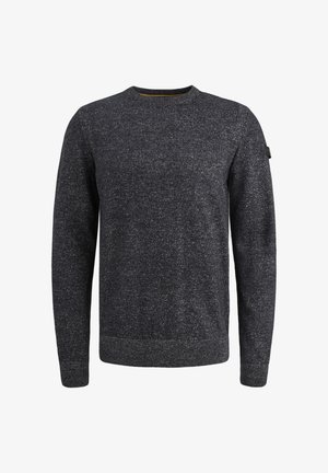 Tmavošedý pletený sveter s okrúhlym výstrihom, dlhými rukávmi, rebrovanými manžetami a textúrovaným povrchom. Na rukáve sa nachádza malá značka.