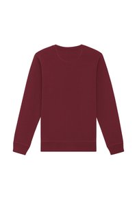 Pull bordeaux en tissu doux, doté d'un col rond classique, de manches longues, de poignets côtelés et d'une coupe droite en bas.