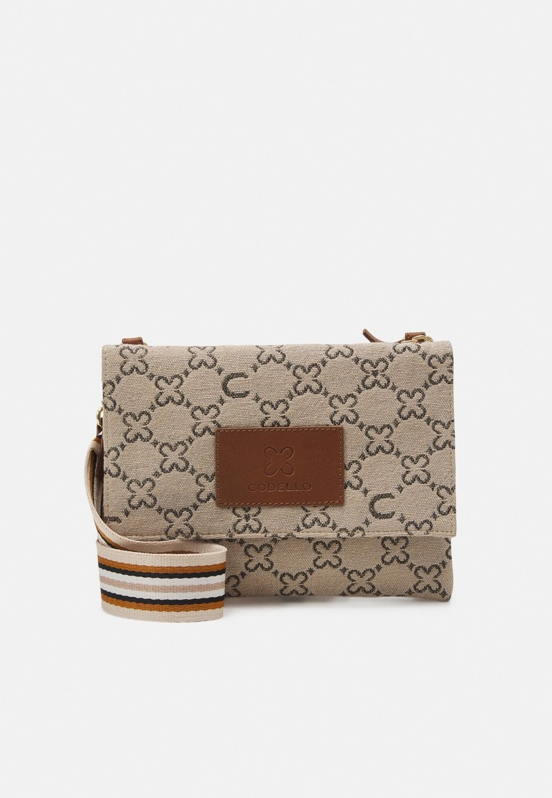 Sac bandoulière en tissu beige avec motif géométrique foncé, patch en cuir marron avec logo, et une lanière d'épaule rayée détachable.