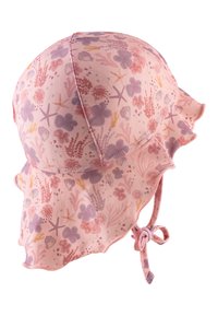 Pink fabric sun hat with floral pattern in purple and yellow, ruffled brim, and adjustable tie strap for secure fit. Lightweight and breathable.